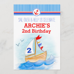 Sail boat nautical boys second 2nd birthday invite