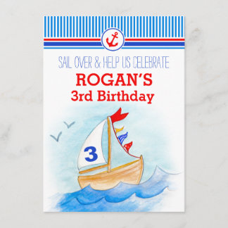 Sail boat nautical boys third 3rd birthday invite