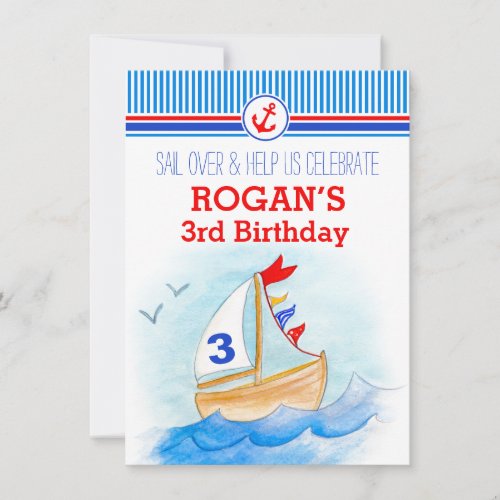 Sail boat nautical boys third 3rd birthday invite