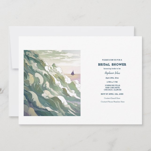 Sail Boat Nautical Ocean Art Wedding Bridal Shower Invitation (Front)