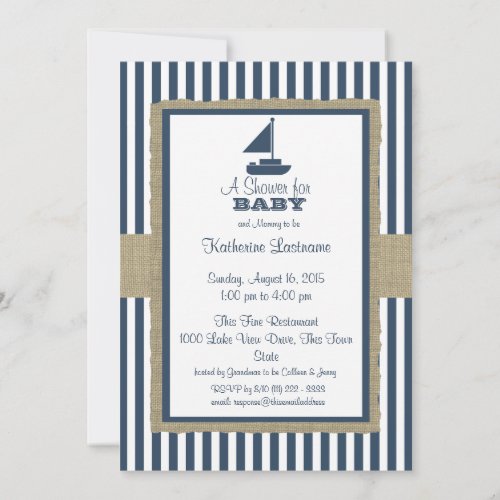Sail Boat Navy Blue Stripes Baby Shower Invitations