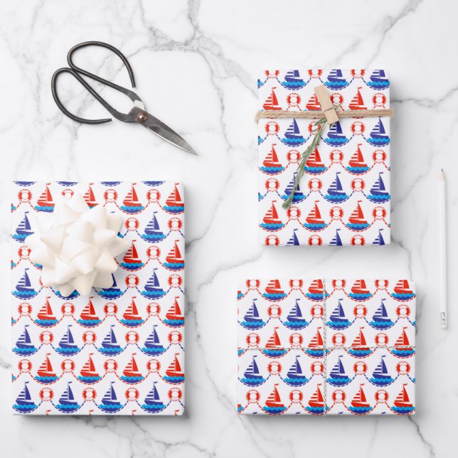 Sail Boat Pattern Wrapping Paper Sheets (Front)