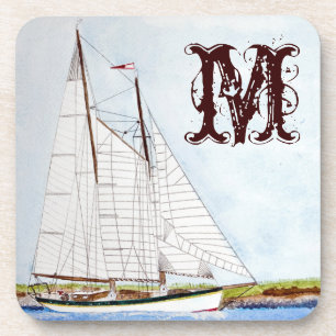 Sail Boat Sailing Ship Ocea Monogram Drink Coaster