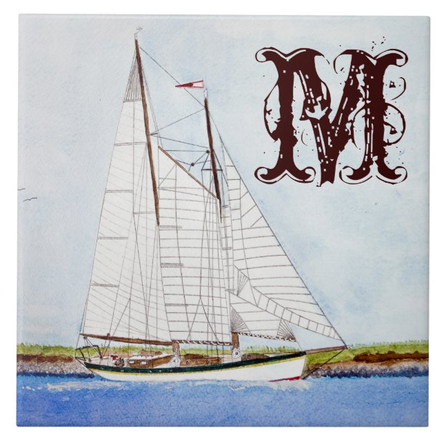 Sail Boat Sailing Ship Ocean Monogram Display Tile (Front)