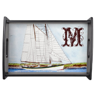 Sail Boat Sailing Ship Ocean Monogram Serving Tray
