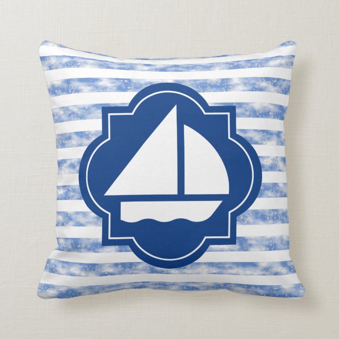 Sail Boat Silhouette With Nautical Blue Stripes Pillows