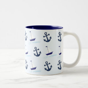 Sail Boats and Anchors Pattern Blue Two-Tone Coffee Mug