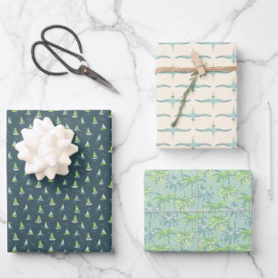 Sail Boats, Tropical Palm Trees, Ocean birds Wrapping Paper Sheets