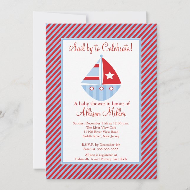 Sail By  Sailing Sailboat Boy Baby Shower Invitation (Front)