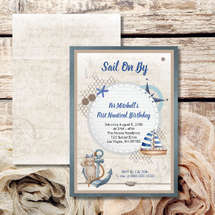 Sail On By First Nautical Birthday Invitation