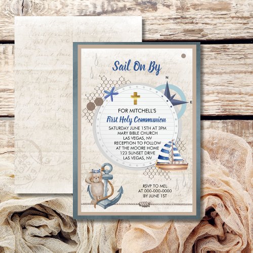 Sail On By Nautical Adventure First Holy Communion Invitation