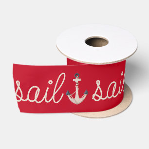 Sail Rope Design with Anchor on Red Satin Ribbon