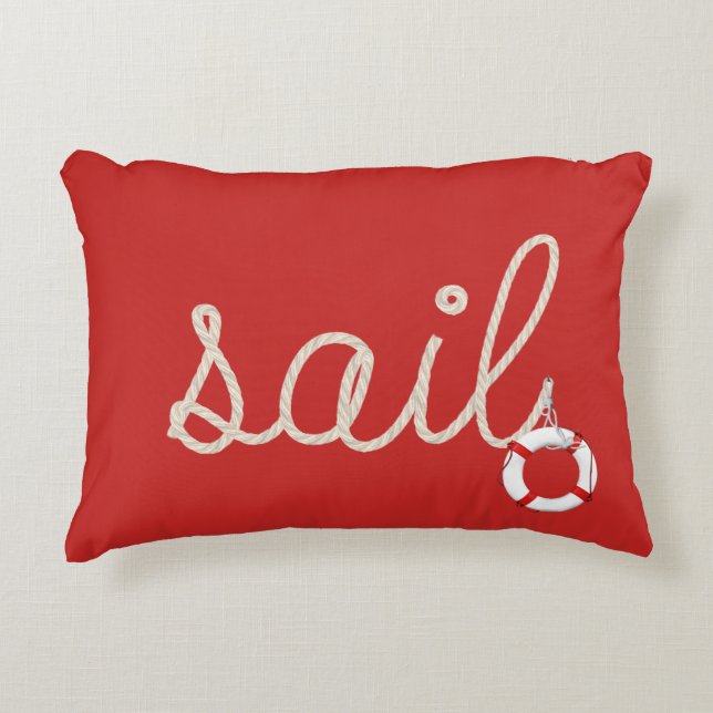 sail rope on red with life ring decorative pillow (Front)