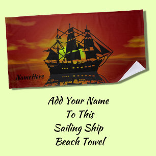 Sail Sailing Pirate Ship at Sunset, Add Name Red Beach Towel