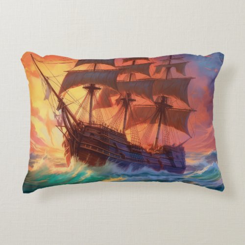 Sail Ship On A Stormy Sea Accent Pillow