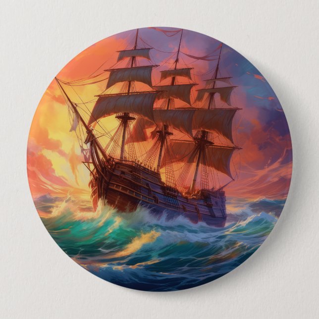 Sail Ship On A Stormy Sea Button (Front)