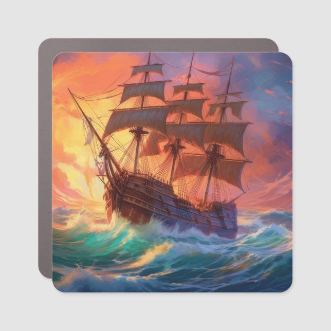 Sail Ship On A Stormy Sea Car Magnet (Front)