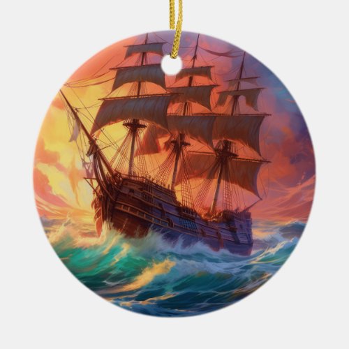 Sail Ship On A Stormy Sea Ceramic Ornament