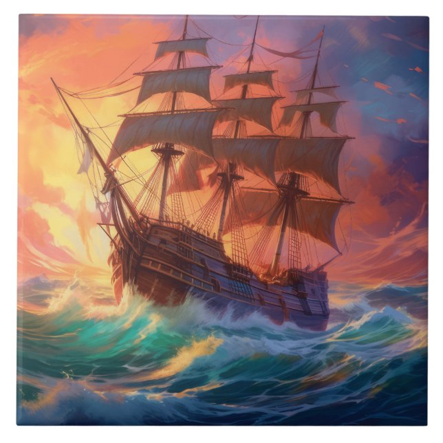 Sail Ship On A Stormy Sea Ceramic Tile (Front)
