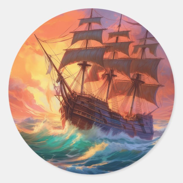 Sail Ship On A Stormy Sea Classic Round Sticker (Front)