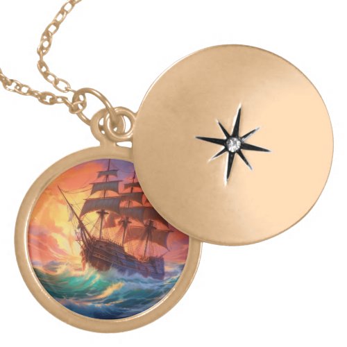 Sail Ship On A Stormy Sea Gold Plated Necklace