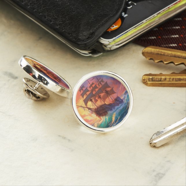 Sail Ship On A Stormy Sea Lapel Pin (In Situ)