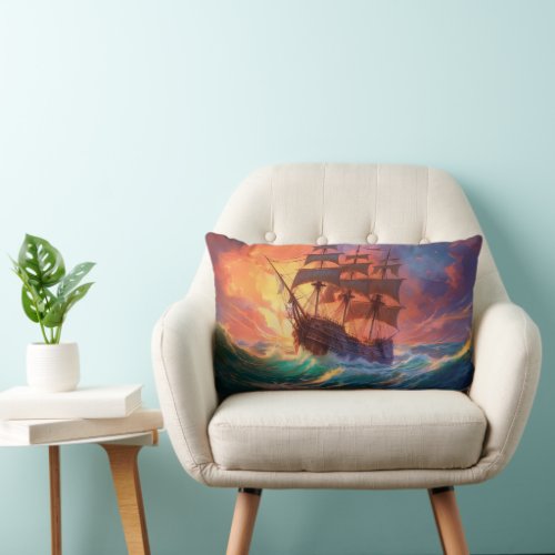 Sail Ship On A Stormy Sea Lumbar Pillow