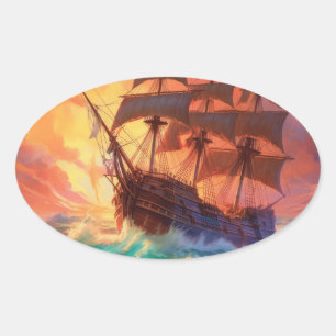 Sail Ship On A Stormy Sea Oval Sticker