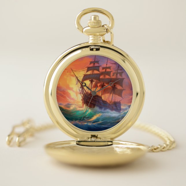 Sail Ship On A Stormy Sea Pocket Watch (Inside)