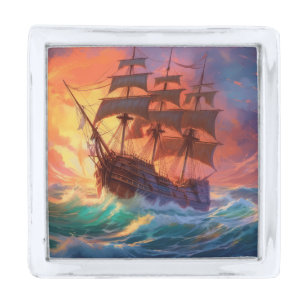 Sail Ship On A Stormy Sea Silver Finish Lapel Pin