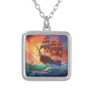 Sail Ship On A Stormy Sea Silver Plated Necklace