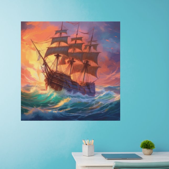 Sail Ship On A Stormy Sea Wall Decal (Home Office)