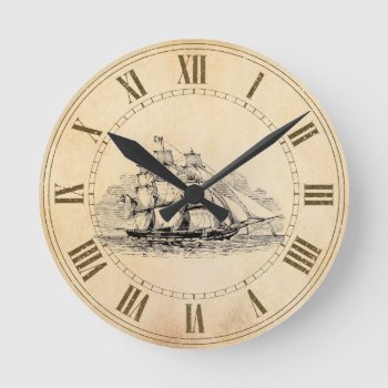 Sail Ship Round Clock by TimeEchoArt at Zazzle