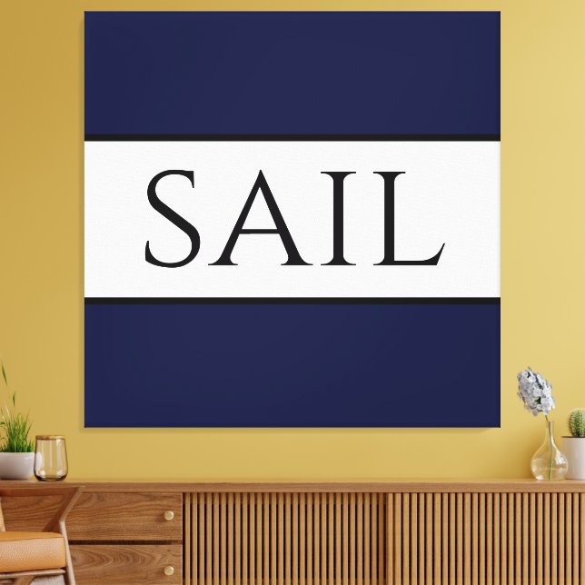 SAIL Wide Sporty Nautical Navy Blue White Stripes Canvas Print (Insitu(LivingRoom))