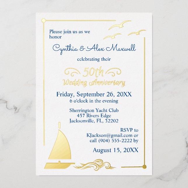 Sailboat 50th Wedding Anniversary Gold Foil Invitation (Front)