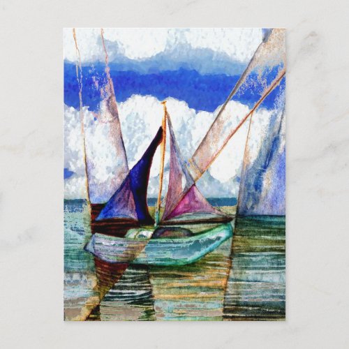 Sailboat Abstract Blue Sky Fluffy Clouds Postcard