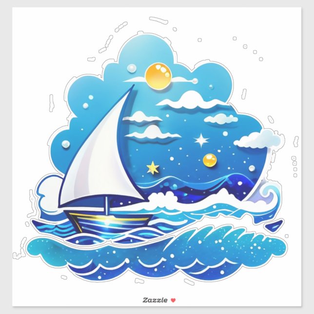 Sailboat Adventure Under Moonlit Sky Sticker (Sheet)