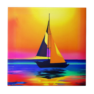 Sailboat Against a Vibrant Ocean Sunset Ceramic Tile