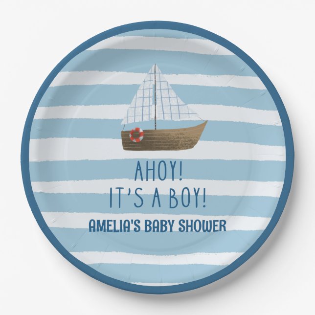  Sailboat Ahoy its a boy blue baby shower  Paper Plates (Front)