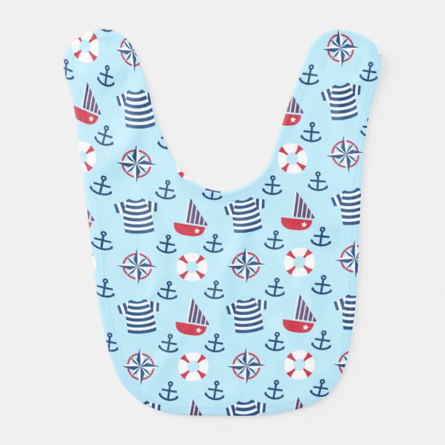 Sailboat Anchor Nautical Pattern For Babies Bib (Front)