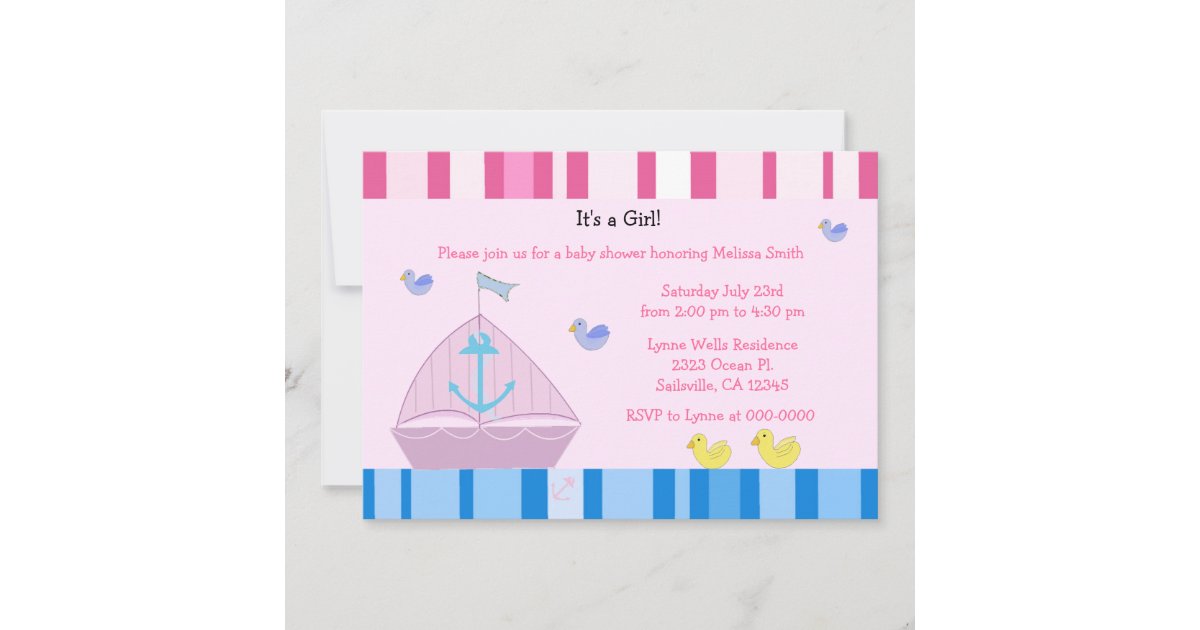 Sailboat and Anchor Baby Girl Shower Invitation Zazzle