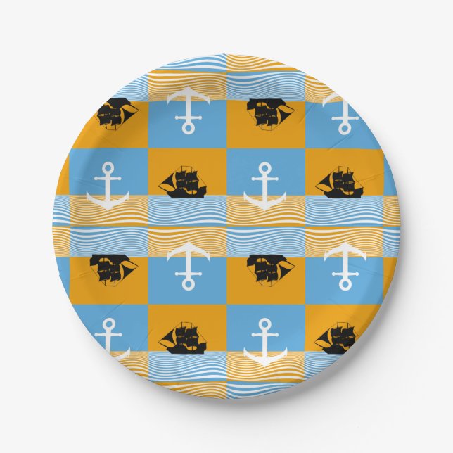 Sailboat and anchor pattern paper plates (Front)
