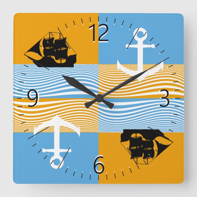 Sailboat and anchor pattern square wall clock (Front)