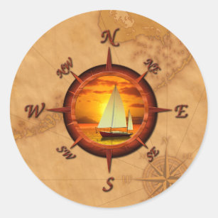 Sailboat And Compass Rose Classic Round Sticker