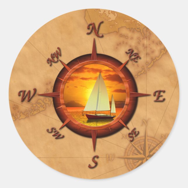 Sailboat And Compass Rose Classic Round Sticker (Front)