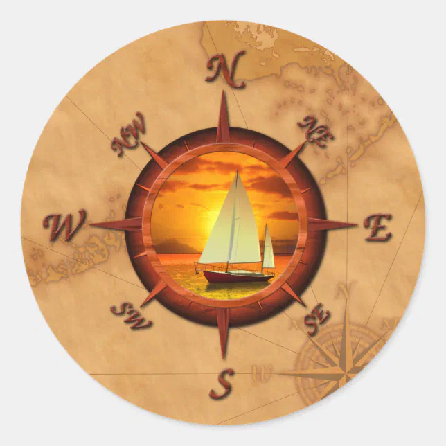 Compass Sailing Racing Sticker Sailboat And Compass Rose Classic Round Sticker | Zazzle