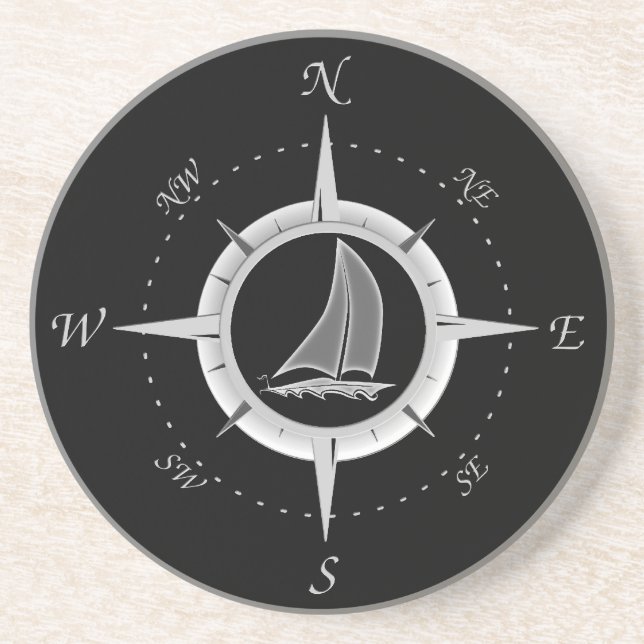 Sailboat And Compass Rose Drink Coaster (Front)