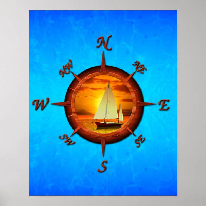 Sailboat And Compass Rose Print