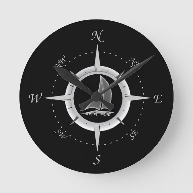 Sailboat And Compass Rose Round Clock (Front)