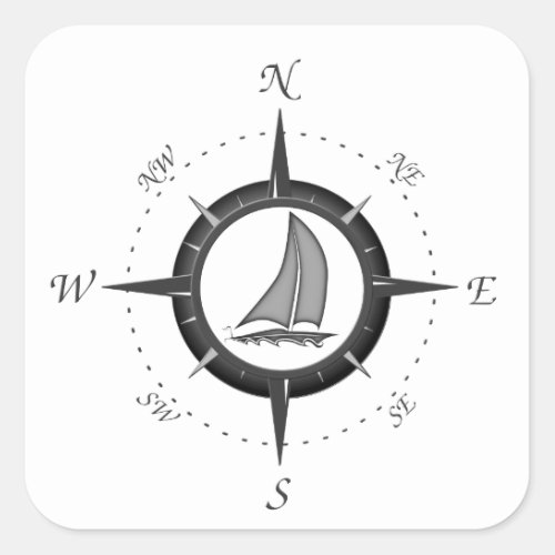 Sailboat And Compass Rose Square Sticker